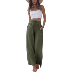 Faleave Women's Cotton Linen Summer Palazzo Pants Flowy Wide Leg Beach Trousers with Pockets (Large, Army green)