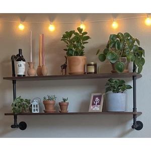 Industrial Pipe Wall Shelves Pipe Shelving with Real Wood Plank ,36 Inches Floating Shelves for Wall Farmhouse Pipe Book Shelves Dark Brown 2 Tier for Kitchen,Living Room Decor and Bar Shelving, 9.8D x 36W x 29H in