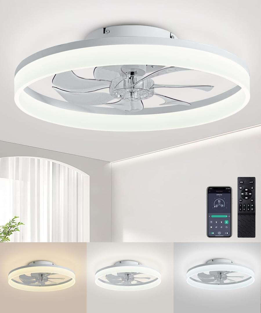 Ceiling Fans with Lights and Remote, 20" Modern Low Profile Ceiling Fan with Light, Stepless Color Temperature Change and 6 Speeds, Flush Mount Ceiling Fans for Bedroom, Kids Room.（White）