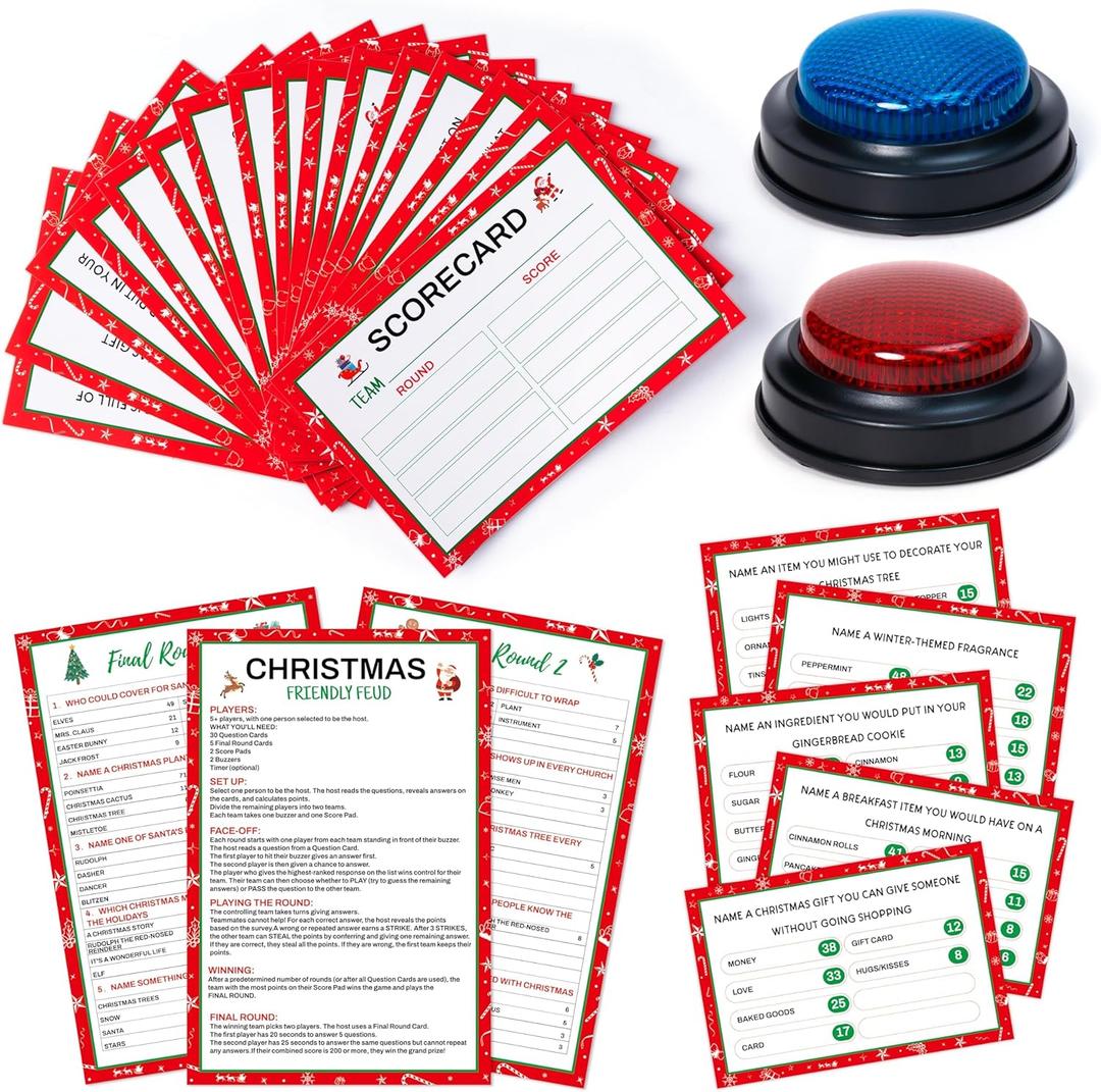 Christmas Friendly Feud Game with Answer Buzzer - 40Pcs Family Fun Trivia Quiz Feud Card Buzzer for Board Game Night Home Office School Adult Group Team Building Christmas Eve Party Supplies