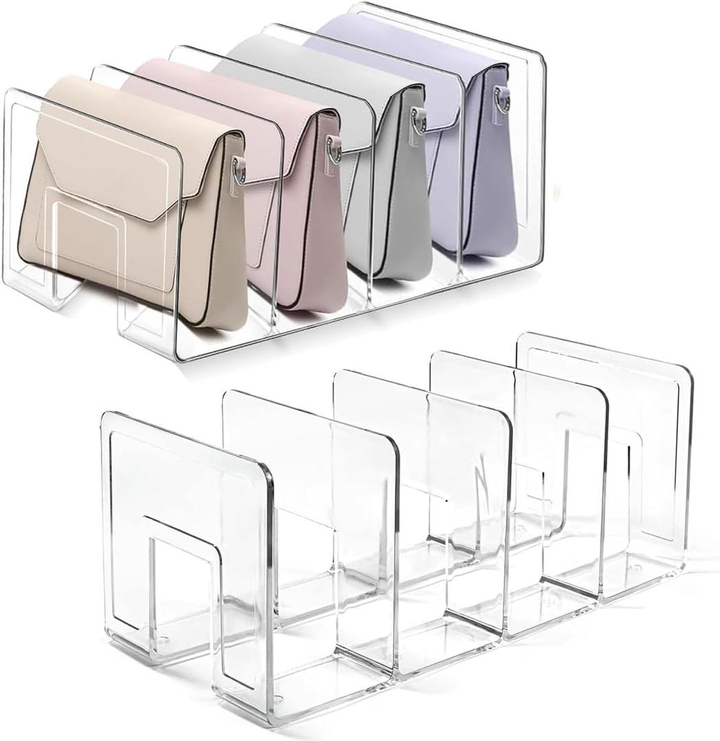2 Pcs Acrylic Clear Purse Storage Organizers, 4 Sections Dividers in Bedroom Office (Bright)