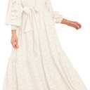 MITILLY Women's Fall Dresses Elegant Floral High Neck Long Sleeve Elastic Waist Formal Maxi Dress with Belt (Large, Beige)