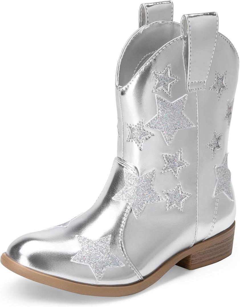 DREAM PAIRS Girls Cowgirl Boots Cowboy Western Mid Calf Star Boots for Kids (9 Toddler, Silver)