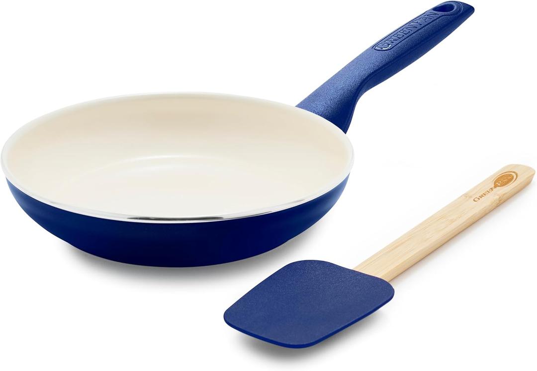 GreenPan Rio Healthy Ceramic Nonstick 8" Frying Pan Skillet and Silicone Spatula Set, Soft Grip Handle, Breaktfast Meal Set, PFAS-Free, Dishwasher Safe, Oven Safe, Oxford Blue