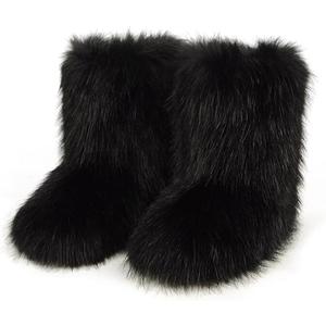 QMFUR Women's Furry Faux Fur Boots Fuzzy Fluffy Mid Calf Snow Boots Suede Warm Fur Lined Booties Flat Fashion Boots (8, Black 1)