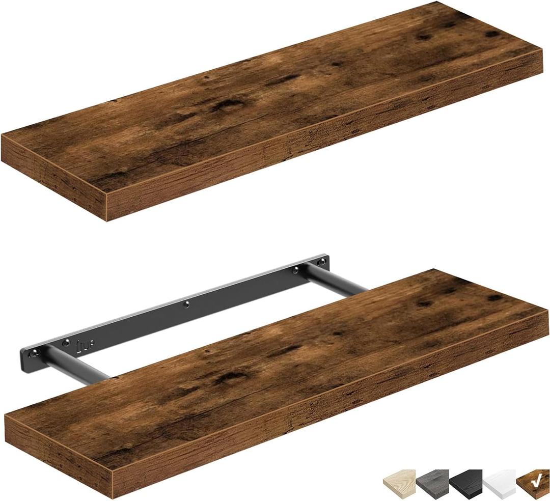 QEEIG Floating Shelves Wall Shelf 24 inches Long Farmhouse Bathroom Decor Bedroom Kitchen Living Room Wall Mounted 24 x 9 inch Set of 2, Rustic Brown (008-60BN) (23.6", A. Brown)