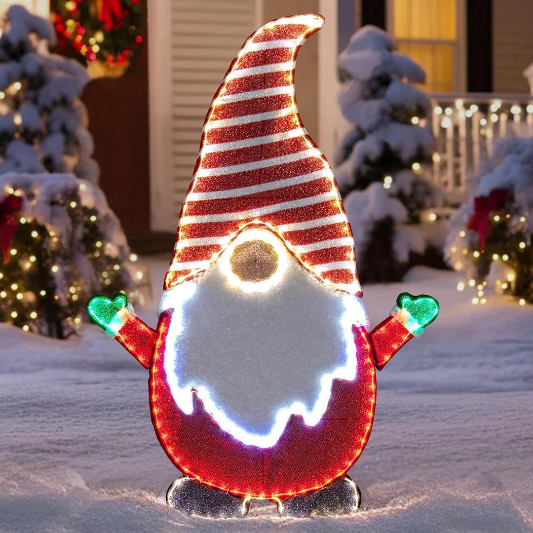 SUNJOY Large 4 FT Christmas Lighted Gnome, Eye-Catching 2D Tinsel Santa Gnome Outdoor Garden Yard Lawn Big Festive Holiday Decoration with Lights for Indoor & Outdoor
