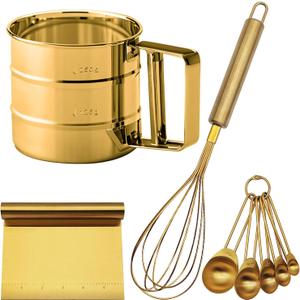 Gold Flour Sifter Baking Tool Set, findTop Stainless Steel 4-Piece Kit with 10" Whisk, Dough Scraper & 5 Measuring Spoons, Mirror Polished, Easy to Clean, for Cake Bread Cookie Prep