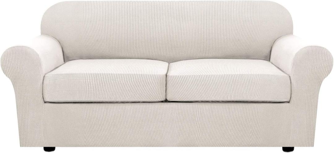 H.VERSAILTEX 3 Piece Stretch Sofa Covers for 2 Cushion Sofa Couch Covers for Living Room Sofa Slipcovers (Base Cover Plus 2 Seat Cushion Covers) Thicker Jacquard Fabric(Large Sofa, Ivory)