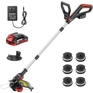 EWORK 20V Cordless String Trimmer 12-Inch Trimmer and Edger with Auto Line Feed, Electric Weed Wacker with 2.0Ah Battery and Charger & 6 Replacement Spools for Lawn, Garden, Yard, etc (Black)