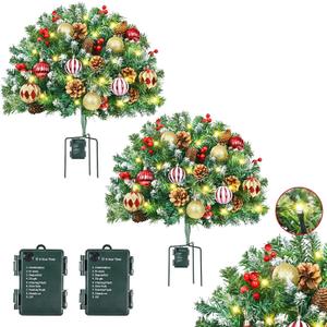 2 Pack 23" Outdoor Christmas Tree Urn Filler, Christmas Planter Filler with 50 LED Lights, Pine Cones, Christmas Balls & Red Berries, Tripod Stake for Outdoor Holiday Home Decorations