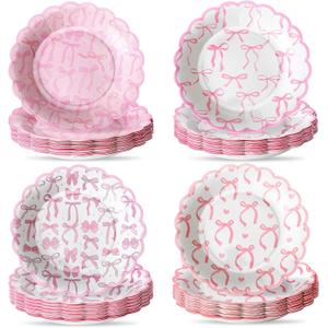 100 Pcs Pink Bow Paper Plates 7'' Disposable Paper Plates Pink Coquette Bow Dessert Set for Girl Bachelorette Bridal Engagement Baby Shower Birthday