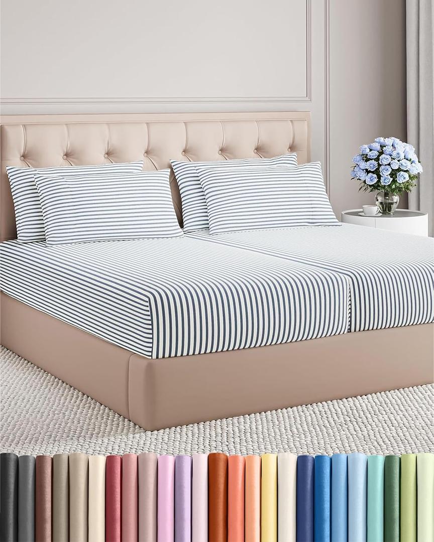 Split King 7 Piece Sheet Set - Comfy, Breathable & Cooling - Hotel Luxury Bedding for Women, Men, Kids, Teens and Children - 1 Flat & 2 Fitted Sheets & 4 Pillowcases w/ Deep Pockets - Blue Stripes 2