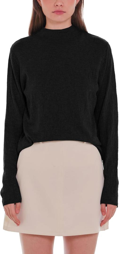 Women's Lightweight Pullover Sweater Mock Turtleneck Solid Color Irregular Texture Long Sleeve Ribbed Knit Tops (Black, XL)
