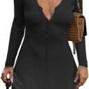 Women Sexy Deep V Neck Button Front Knit Mini Dress Elegant Long Sleeve Ribbed Flowy Hem A-Line Short Dresses