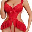 Avidlove Women Lingerie Teddy Lingeries Deep V Lace Bodysuit One Piece Mini Babydoll Exotic Outfits (Red, L)