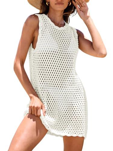 ANRABESS Womens Swimsuit Cover Up Sleeveless Knit 2025 Summer Outfits Swimwear Bathing Suit Coverup Crochet Beach Dress White Large