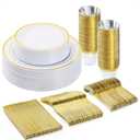 BESTVIP 150PCS Plastic Dinnerware Set (25 Guests), Gold Disposable Plates for Party, Wedding, Christmas, Anniversary, Includes: Dinner Plates, Dessert Plates, Cups, Spoons, Forks and Knives