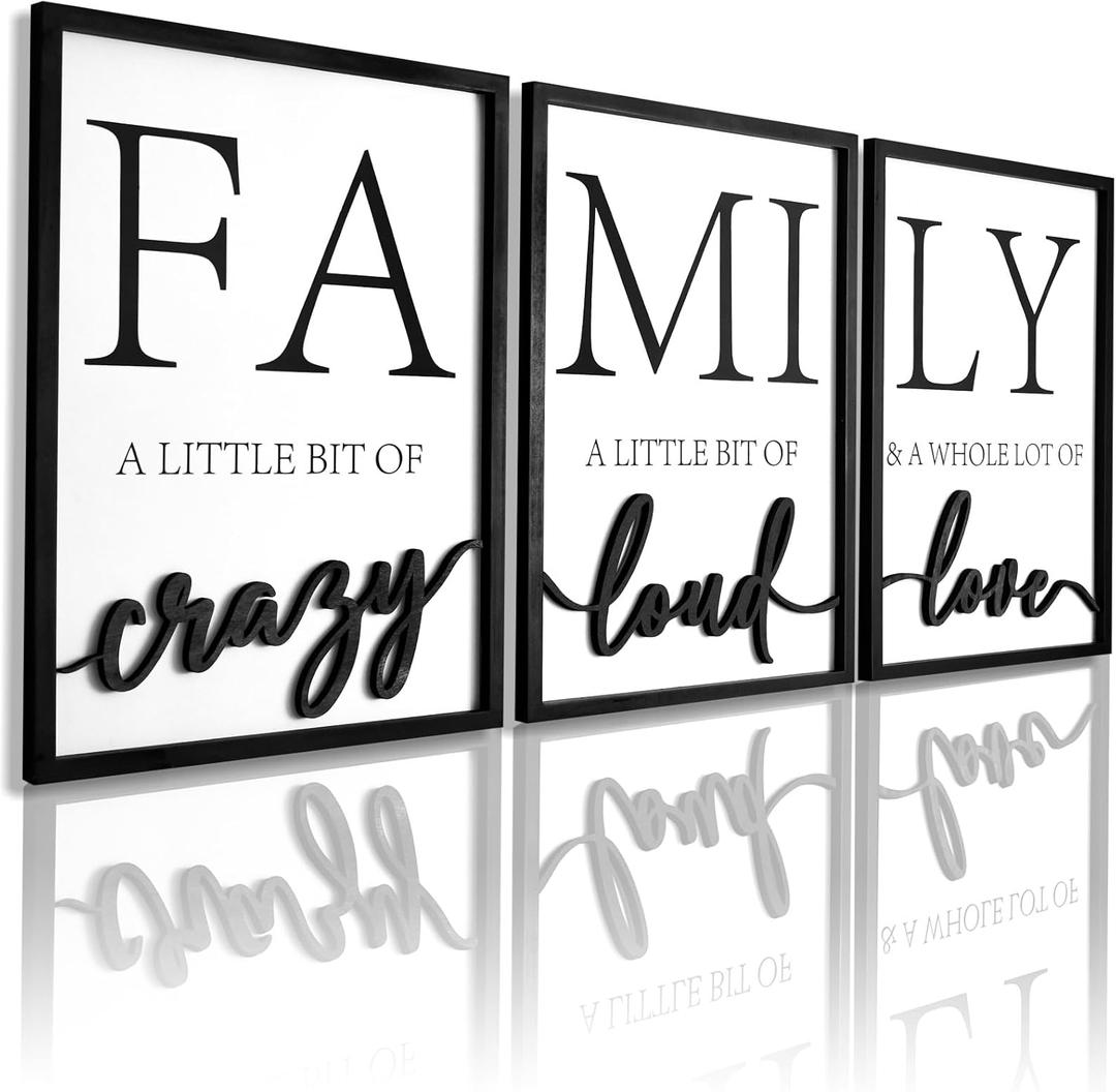 3D Wood Family Wall Decor, 36" x 16" Framed Family Sign Wall Art, 3D Pictures for Living Room (Ready to Hang, 12x16 inches, Set of 3, Framed)