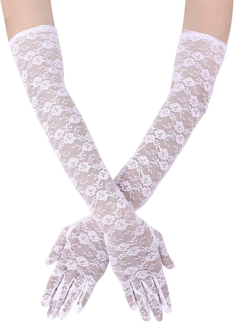 Lace Gloves, Bridal Floral Lace Gloves for Women - Tea Party, 1920s Costumes, Prom, Masquerade - One Pair, Length 21.3inch (White)