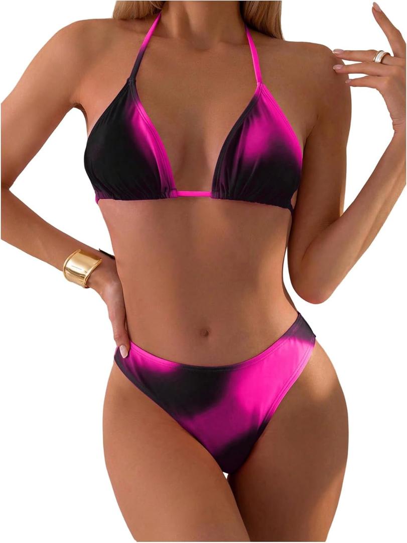 SHENHE Women's 2 Piece Swimsuits Tie Dye Halter Triangle Bikini Set Bathing Suits (Medium, Black)