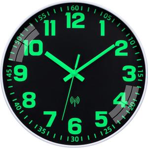 Atomic Clock with Glow in The Dark - Analog Sets Automatically Battery Operated Easy to Read 12" Luminous Numerals Lighted Home Decor Wallclock Digital for Bedroom Bathroom Living Room