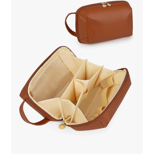 Travel Makeup Bag Gift for Women, Soft PU Leather Cosmetic Bags, Waterproof Toiletry Bag, Portable Wide Open Pouch, Travel Cosmetic Bag with Divider and Handle, Medium, Brown