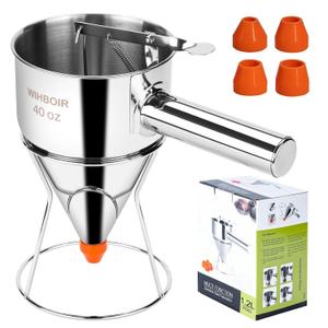 Stainless Steel Pancake Batter Dispenser with Squeeze Handle and Multi-Nozzle, for Pancakes, Cupcakes, and Baked Goods. 40 oz