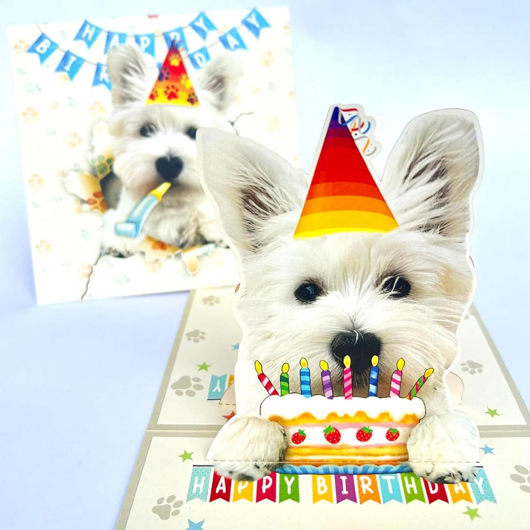 3D Pop-Up West Highland White Terrier Birthday Card - Cute Dog with Cake Celebration, Whimsical Happy Birthday Greeting for Dog Lovers