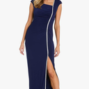 R&M Richards Long Dress with Asymmetrical Neckline, Rhinestone Trim & Front Slit 16W