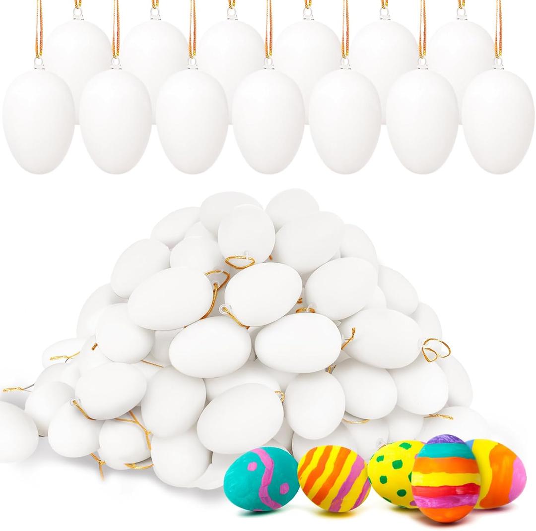 Jnnzzggu 80 Pcs Hanging White Eggs for Decorating,Plastic White Fake Eggs with gold thread,Faux Fake Egg for DIY Crafts,Painting,Party,Home Decor,Kitchen