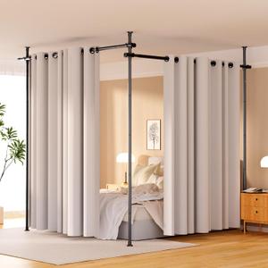 Room Divider, Height and Width Adjustable No Drilling Curtain Rod, Heavy Duty Metal Tension Wall Divider for Room Separation, Portable Wall Partition Separators Not Included Curtains (B-Black 3PCS Support Rod and 2PCS Cross rod)