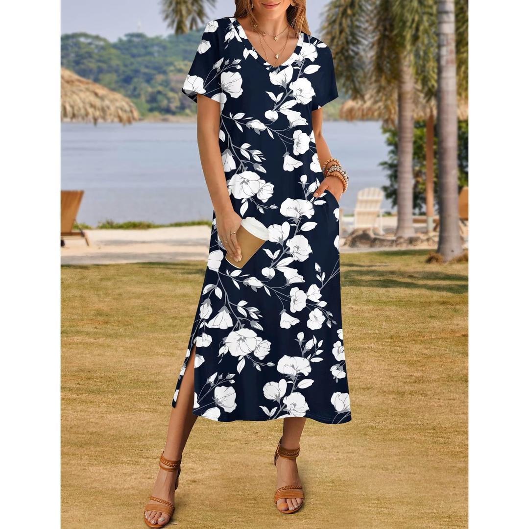 Zeagoo Maxi Sundresses for Women Summer Casual V Neck Boho Flowy Aline Short Sleeve Loose Floral Shift Dresses with Pocket Long Split Dress Beach Cover Up, L