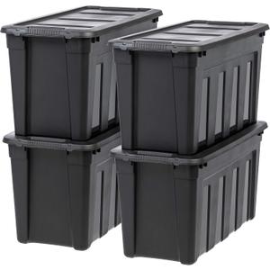 IRIS USA 31 Gallon Heavy Duty Storage Totes with Easy-Grip Handles, 4 Pack - Large Bins with Lids Garage Organizing Tubs, Durable Stackable Utility Containers, Made in USA - Black