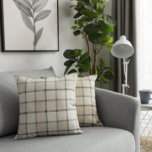 UGASA Decorative Square Throw Pillow Cases Classic Retro Checkered Plaids Cotton Linen Cushion Cover with Invisible Zipper Closure for Sofa, 18 x 18 Inch Set of 2, Natural + Beige