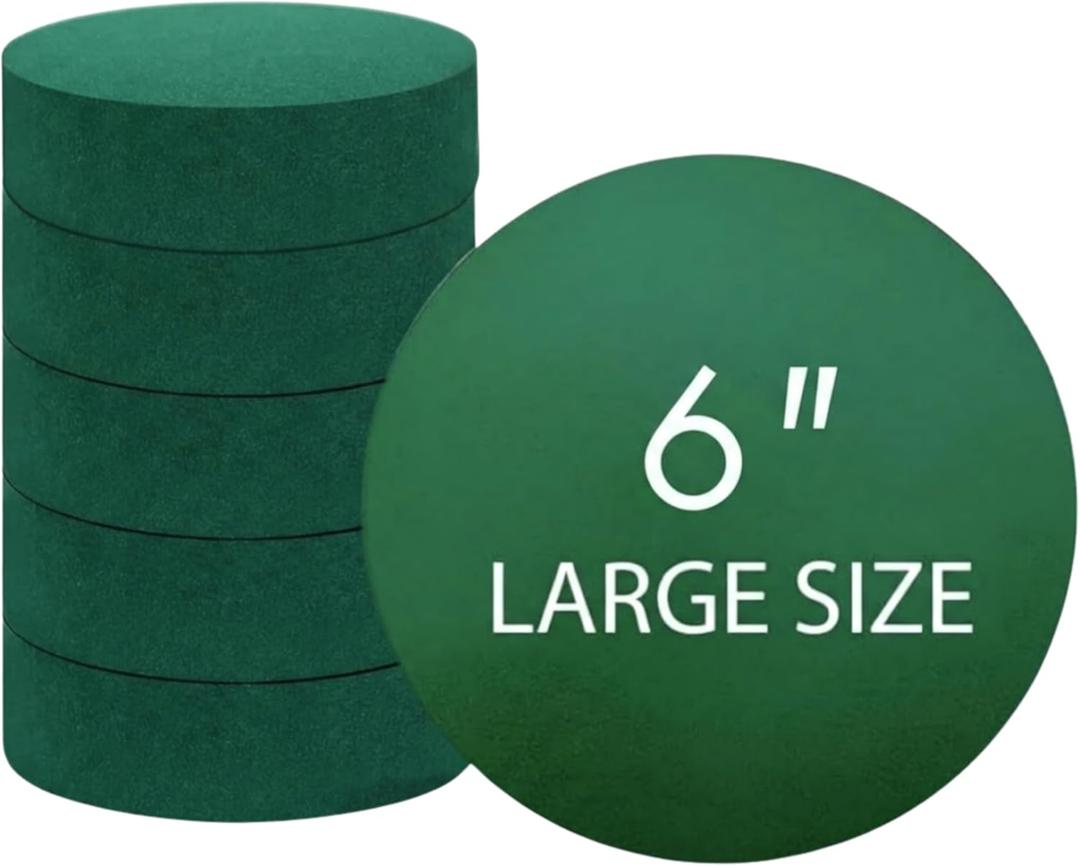 Pack of 6 FLOFARE Round Floral Foam Blocks for Fresh and Artificial Flowers, (6" X 1.5"), Dry & Wet Green Flower Foam for Flower Arrangements and Florist Supplies