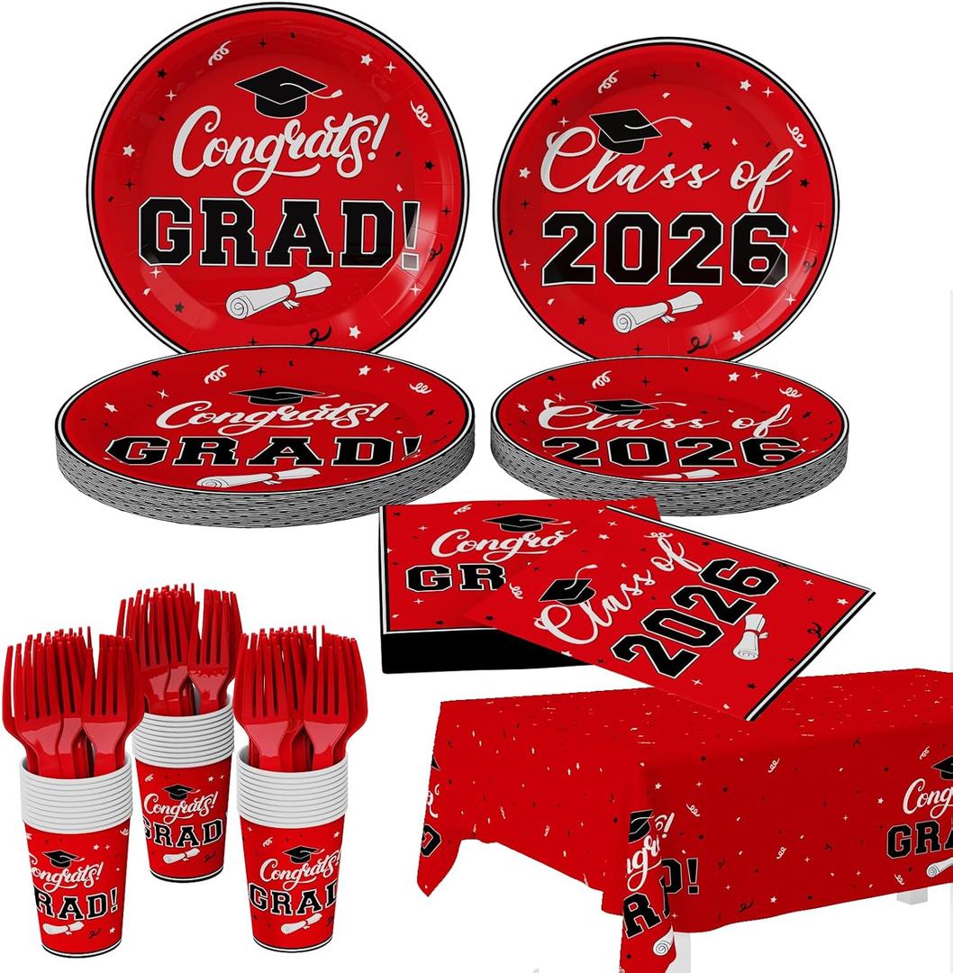 Tbsone Class of 2026 Graduation Plates and Napkins Set Red and Black Disposable Tableware for 25 Guests, Includes Plates, Napkins, Cups, Forks and Tablecloth Party Decorations Supplies (126 PCS)
