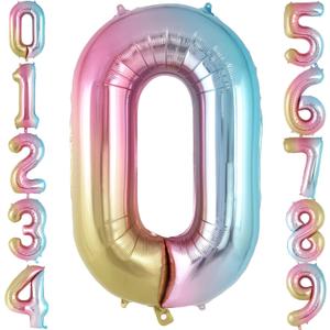 Rainbow Gradient Number 0 Balloon, 40 Inch Big Large Foil Number Balloons, Jumbo Mylar Number 0 Balloons for Birthday Party Decorations Supplies Anniversary Celebration