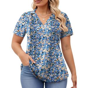 ROSRISS Plus-Size-Womens-Summer-Tops Casual Polo V Neck Work T Shirts Cute Flowy Pleated Blouses Trendy Short Sleeve Tunics (XXL)