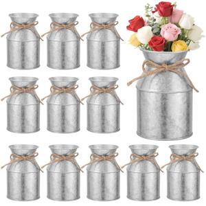 11 Pcs Farmhouse Metal Flower Vase Decor, 5.3 Inch Galvanized Milk Can Jug Vase with Twine Bow Rustic Flower Buckets for Centerpieces Floral Display Table Home Wedding Festival DIY Decorations