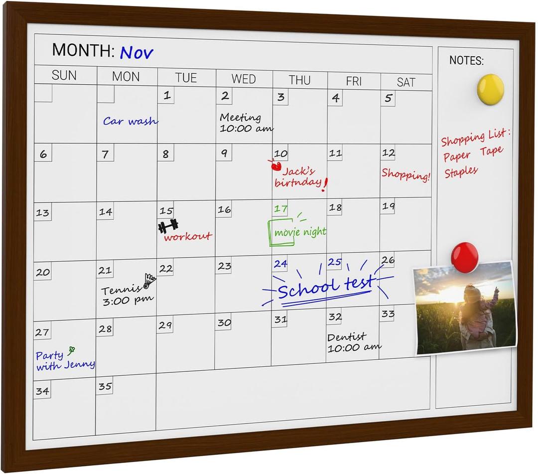 Comix Dry Erase Calendar Whiteboard for Wall, Magnetic Dry Erase White Board with Brown Wood Frame, 24 * 18 inches Decorative Planner Board for Office, Kitchen, School, Home