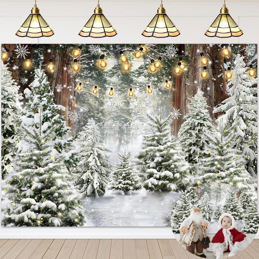 Winter Forest Scene Backdrop 7x5FT Christmas Tree Snowy Snowflake Wonderland Scene Photography Background Winter Holiday Party Decorations Supplies Photo Props