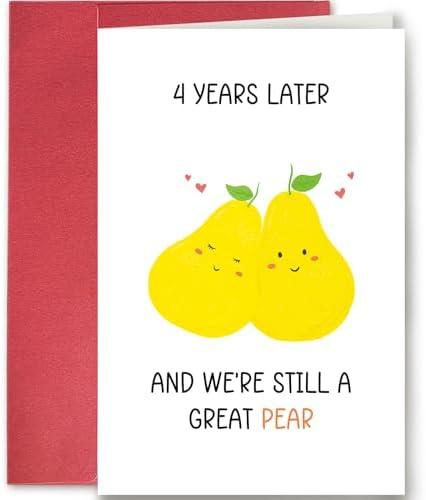 SuperShunhu Sweet 4th Anniversary Card for Her Him, Funny Great Pear Anniversary Card for Boyfriend Girlfriend, 4th Wedding Anniversary Card for Husband Wife, Fruit Anniversary Card, 5 Pack