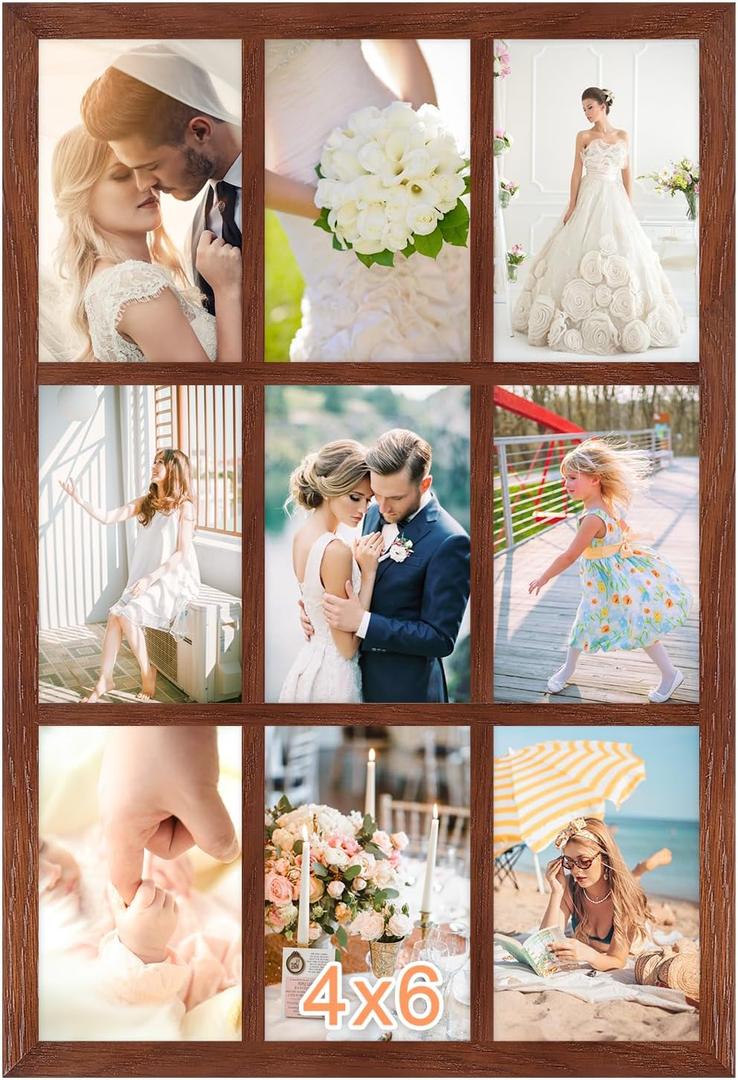 4x6 Oak Wood Picture Frames Collage Wall Decor Brown, Solid Oak Wooden Family Photo Collage Frame 9 Openings, Glass Front, Wall Hanging Display 9 4x6 Pictures (11.5x17.5-9 openings)