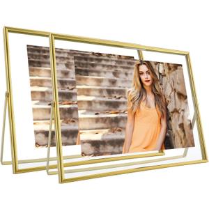 Gold Floating Frame, 8"x10", Horizontal, 2 Set, For Picture 7x9, 6x8, 5x7, Tabletop Shelf Photo Frames, Classy For Mother's Day, Birthday or Wedding