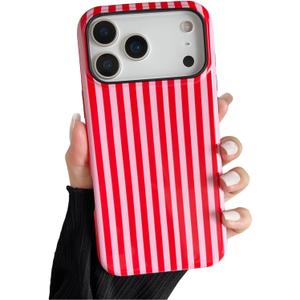 Longlayss Compatible with iPhone 17 Pro Max Pro Case Cute Aesthetic Striped Phone Case for Women Girl Shockproof Slim TPU and Hard PC Protective Cover (Pink and Red)