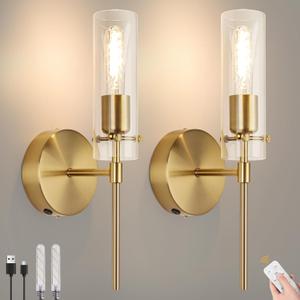 Wall Sconces,Modern Rechargable Wall Lights 7800mAh Endurance 100 Hours 3200K 6W,Fast Charging,Wireless Sconces for Living Room Bedroom Hallway, Bulb Included (Gold)