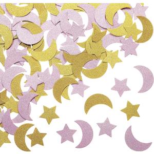 400 Pieces Glitter Star and Moon Paper Confetti Double Side Table Paper Confetti Sequin for Wedding Birthday Baby Shower Moon and Star Party Ramadan Mubarak Decor (Gold, Pink)