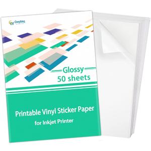 Gwybkq Sticker Paper Printable Vinyl for Inkjet Printer, 50 Sheets Glossy White Waterproof Labels
