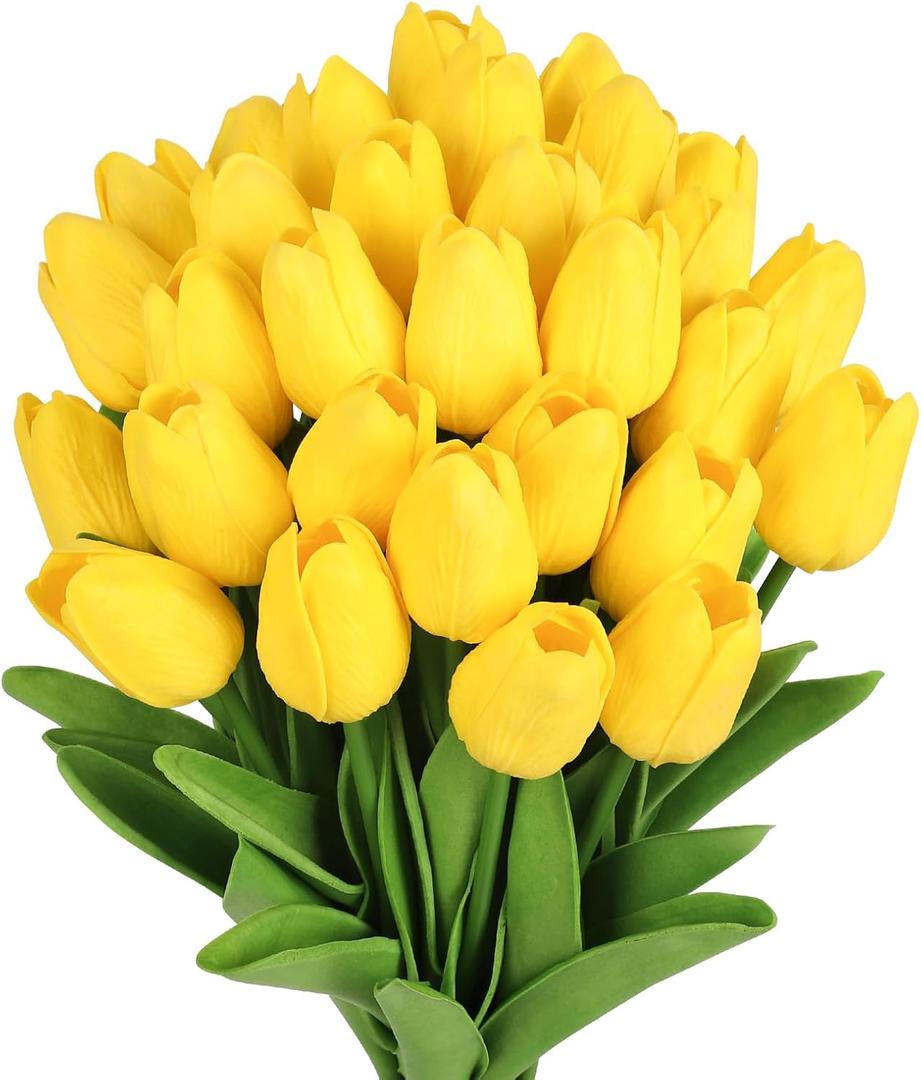 MACTING Yellow Artificial Tulip Flowers - 13.7" 30PCS Real Touch Fake PU Tulips Bouquet Faux Spring Flowers for Floral Arrangements Table Centerpiece Kitchen Home Valentines Day Easter Decorations